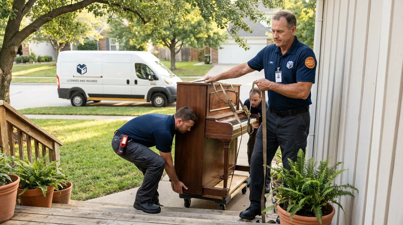 Licensed piano movers securing grand piano in Porter, ME