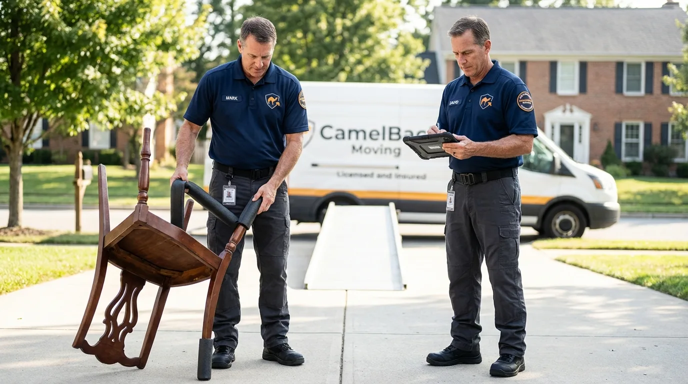 Movers inspecting furniture for damage prevention before loading in Porter, ME