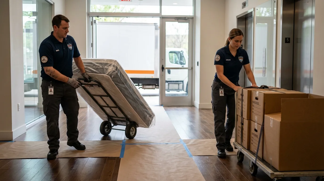Professional apartment movers loading elevator in Porter, ME